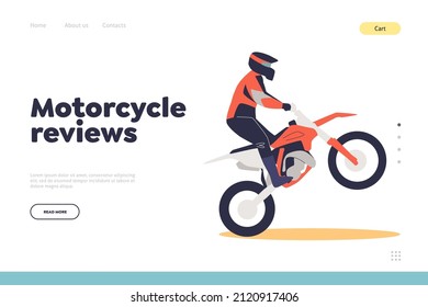 Motorcycle review concept of landing page with extreme man rising sport motorbike. Motorcyclist do tricks on motor cycle. Guy driving bike wearing protective helmet. Cartoon flat vector illustration
