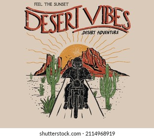 Motorcycle ride at the desert vintage graphic print design for t shirt and others.