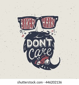 Motorcycle rider . Biker hair don't care. T-shirt graphics. Vintage style. Vectors.