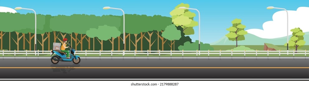 Motorcycle rider delivers food on an asphalt road. Driving on country road with road barrier and lighting pole. Background of green forest and mountain under blue sky. Copy Space Flat Vector.