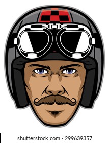 motorcycle rider with mustache and wearing vintage helmet