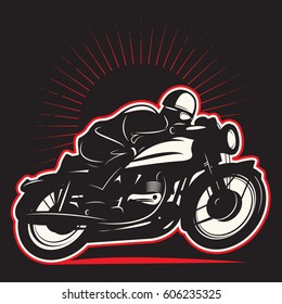 Motorcycle rider on motorcycle. Emblem of bikers club sign. Vector illustration