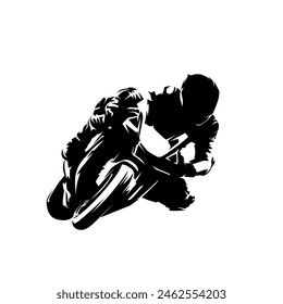 Motorcycle rider on road motorbike. Moto racing logo, isolated vector silhouette