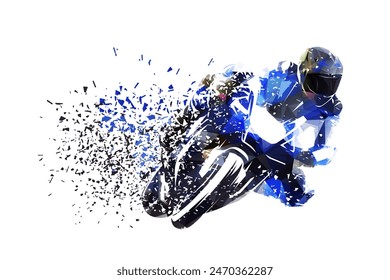 Motorcycle rider on road motorbike. Moto racing, low poly isolated vector illustration, distortion effect