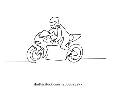 Motorcycle Rider One Line Art. Simple line drawing of a rider on a sport motorcycle, ideal for biking themes.