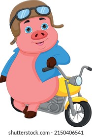 motorcycle rider pig cartoon on white background