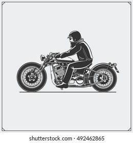 Motorcycle rider with racer helmet on motorcycle. Emblem of bikers club. Vintage style. Monochrome design.