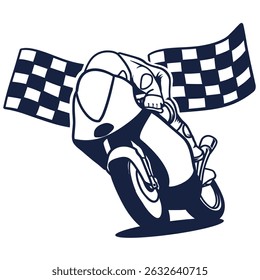 Motorcycle rider with racing flag Black and white on the background. A Motorbike racer vector illustration. Super bike motor racing grand prix logo template