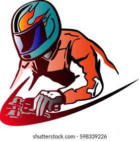 A motorcycle rider with red rider suit and helmet which fire pattern.