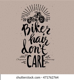 Motorcycle rider with retro racer helmet. Biker hair don't care. T-shirt graphics. Vintage style. Vectors.