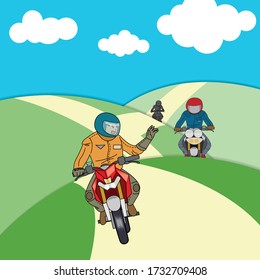 Motorcycle rider riding a motorcycle, big bike on a mountain hill for vector illustration, simple design.