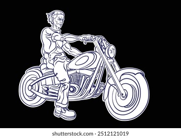 Motorcycle rider silhouette, drawing in lines. Young man sitting on the massive motor bike holding motorcycle steering wheel in his hands.