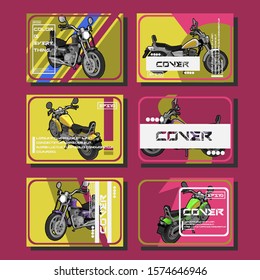 Motorcycle rider team poster, vector illustration. Bike on street with urban city background and wheel label, decorated with grunge brush stroke. Motorcycle store advertisement banner, poster print