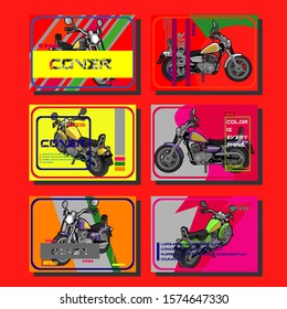 Motorcycle rider team poster, vector illustration. Bike on street with urban city background and wheel label, decorated with grunge brush stroke. Motorcycle store advertisement banner, poster print
