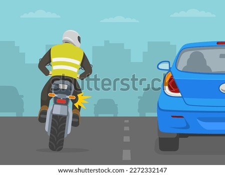 Motorcycle rider is trying to overtake the car from the left side. Back view. Flat vector illustration template.