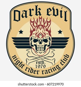 Motorcycle rider t-shirt graphics. Flame Skull and bones . Grunge Racer emblem. Biker vintage apparel print. Vector