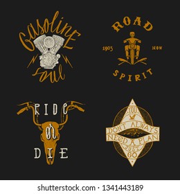 Motorcycle rider t-shirt print: Gasoline soul, Road spirit biker, ride or die - cow skull with motocycle bars horns, hiking motivation quote vintage typography print.