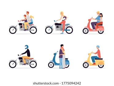 Motorcycle rider. A young man, woman, family with children or couple sit or stand next to a motorbike. A set of vector flat cartoon illustrations isolated on a white background.