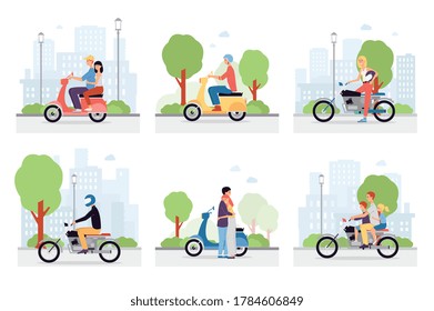 Motorcycle riders in the city streets. Cartoon characters of people sitting or standing next to a motorbike with an urban landscape in the background. A set of vector illustrations