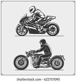 Motorcycle riders. Emblems of biker club. Vintage style. Monochrome design.