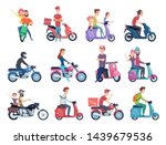 Motorcycle riders. Male and female drivers in helmet on bike fast courier characters vector pictures collection. Motorcycle driver courier, bike scooter delivery, moped deliver illustration