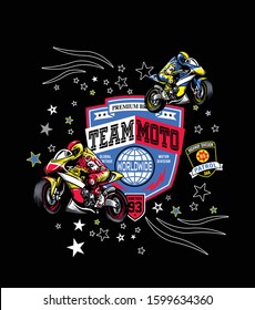 Motorcycle and riders print with stars vector art