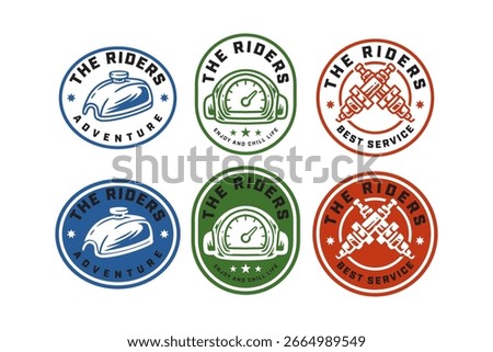 Motorcycle riders retro logo set. Biker adventure club vintage emblem logo design collections. Fuel tank motorbike, Speedometer, Spark plug crossed. Vector Illustration