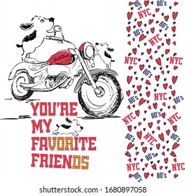 
motorcycle riding cute dog boy pattern red hearts textile fabric