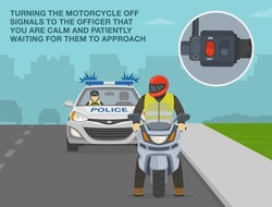 Motorcycle Riding Rules And Tips. Front View Of A Moto Rider And Police Car On Side Of The Road. Turn The Motorcycle Off When You Pulled Over By Police. Flat Vector Illustration Template.