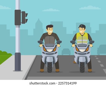 Motorcycle riding scene. Happy two male moto riders talking each other at traffic stop line. Front view of a bikers waiting on red traffic signal. Flat vector illustration template.