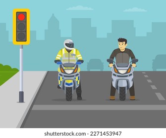 Motorcycle riding scene. Scared male moto rider looking at police officer. Front view of a bikers waiting on red traffic signal. Flat vector illustration template.