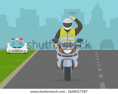 Motorcycle riding tips. Front view of a bike rider showing "police ahead" gesture by tapping top of his helmet with hand. Flat vector illustration template.
