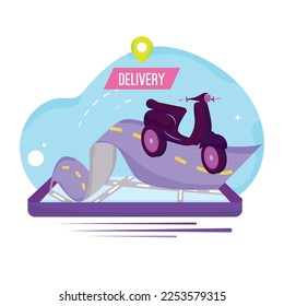 Motorcycle and road comming out of an app Delivery concept art Vector