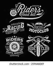 Motorcycle Rock Themed Badge Vectors. Retro vintage style riders logo. White bike motorcycle logo in retro style on black background. 