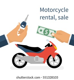 Venta de motos, alquiler de motos. Comercial, vendedor y cliente de negocios, dinero y llave en mano. Vehículos de dos ruedas aislados sobre fondo blanco. Diseño plano de ilustración de vector.