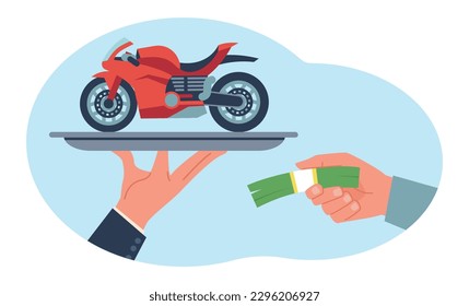 Venta de motocicletas, alquiler de motos, vendedor de bicicletas y comprador de dinero. Cliente con efectivo y agente con transporte. Nuevo concepto de vector aislado de caricatura de compra o alquiler de vehículos