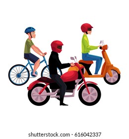 Motorcycle, scooter and bicycle drivers, riders wearing helmet, side vew, cartoon vector illustration isolated on white background. Motorcycle, scooter, bicycle, types of typical urban transport