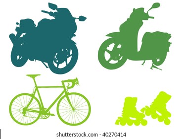 Motorcycle, scooter, bicycle and roller skates silhouettes