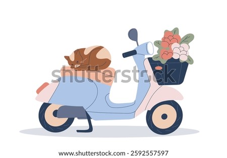 Motorcycle or scooter. Cute fluffy cat lying on seat of bike. Motor transport or vehicle. Scooter with flower basket. Flat vector illustration isolated on background