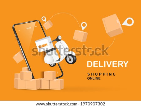 motorcycle or scooter and a delivery box fly out of a smartphone for delivery and shopping online concept design,vector3d isolated,object on orange bacground,online shopping templates for advertising
