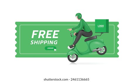 motorcycle or scooter food delivery rider in green uniform break his vehicle and points forward after seeing a free shipping promotion label, vector 3d isolated for delivery advertising concept design