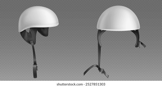 Motorcycle and scooter helmet for head protection. Realistic 3d vector illustration set of white biker safety hat side and front view. Simple retro open face safety headwear helm with belt mockup.