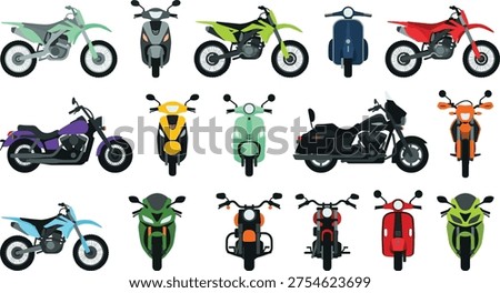 Motorcycle and scooter illustration collection featuring dirt bikes, sport bikes, cruisers, scooters, colorful two‑wheeled vehicle vector design set
