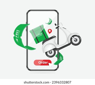 Motorcycle or scooter with a rectangular food box or bag on back and green promotional paper labels free shipping Floating in mid-air in front of smartphone screen, vector 3d isolated for delivery