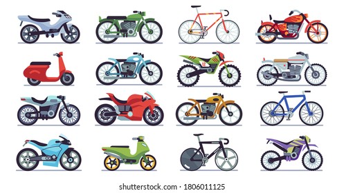 Motorcycle and scooter set. Bikes and choppers, speed race and delivery retro and modern mountain vehicles travel and sport flat isolated vector motor transport detail pictogram collection