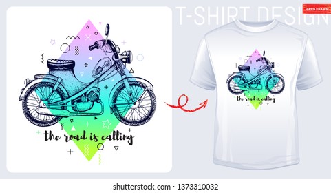 Motorcycle scooter t-shirt print, trendy memphis color moped with slogan isolated on white background. Hand drawn man, boy sketched vector illustration. Fashion art, cool motorbyke & geometric shapes