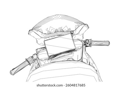 A motorcycle with a screen mounted on the handlebars. The screen is a GPS navigation system. The motorcycle is designed to be used for long distance travel