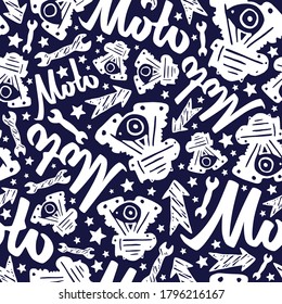 Motorcycle seamless pattern with lettering. Design for your textiles, backgrounds, wrapping paper. White print on dark blue background