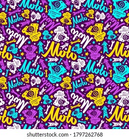 Motorcycle seamless pattern with lettering. Design for your textiles, backgrounds, wrapping paper