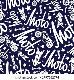 Motorcycle seamless pattern with lettering. Design for your textiles, backgrounds, wrapping paper. White print on dark blue background